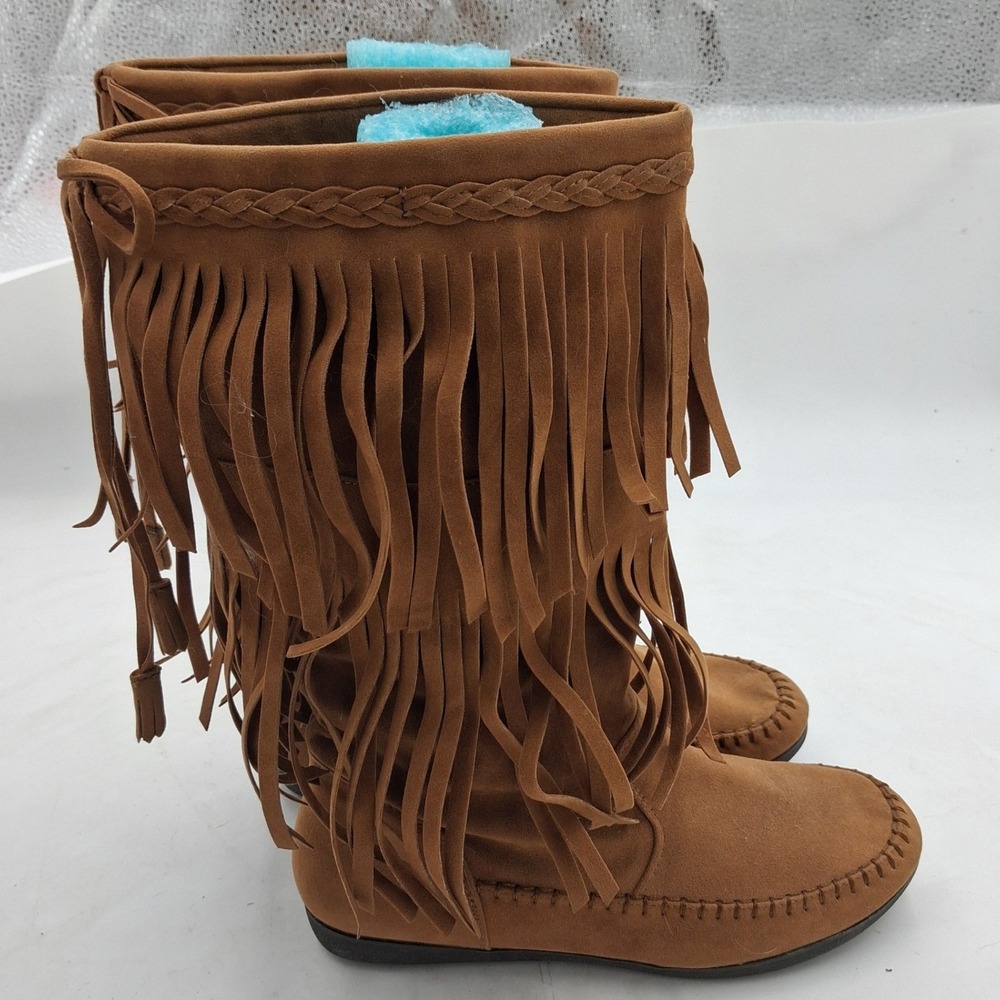 Rampage Cantrell Tan Faux Suede Fringe Moccasin Boots Womens 7M Festival Boho